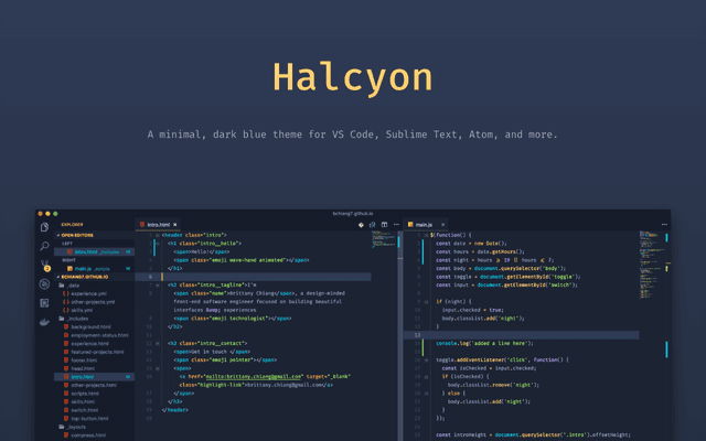 Halcyon Theme homepage hero with screenshot of VS Code editor